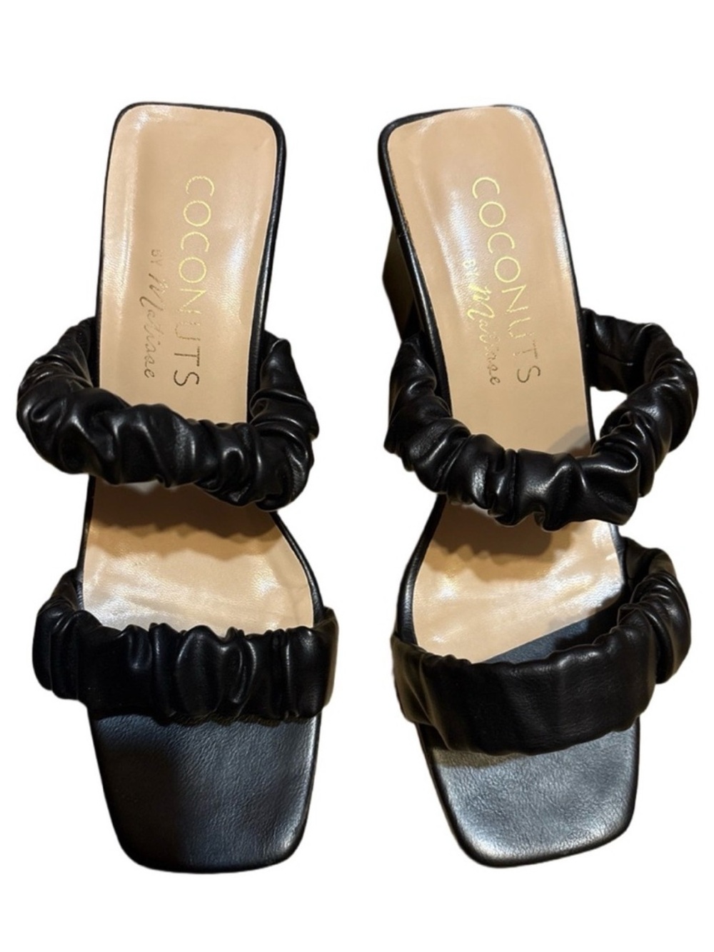 Coconuts by Matisse Black Ruched Double-Strap Square-Toe Heels